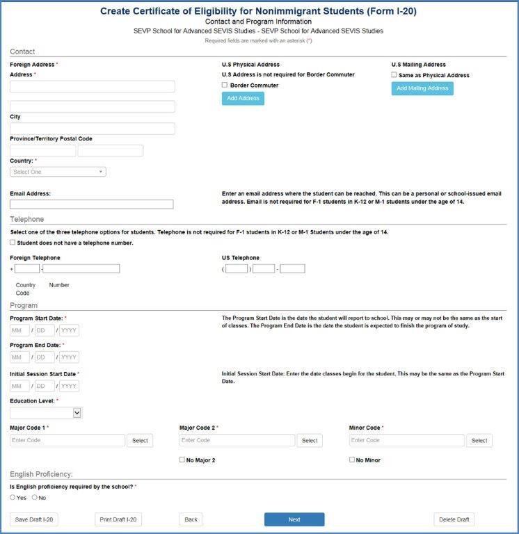 Create Certificate of Eligibility for Nonimmigrant Students (Form I-20) – Contact and Program Information Page