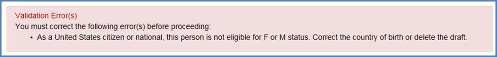 Country of Birth Validation Error Message