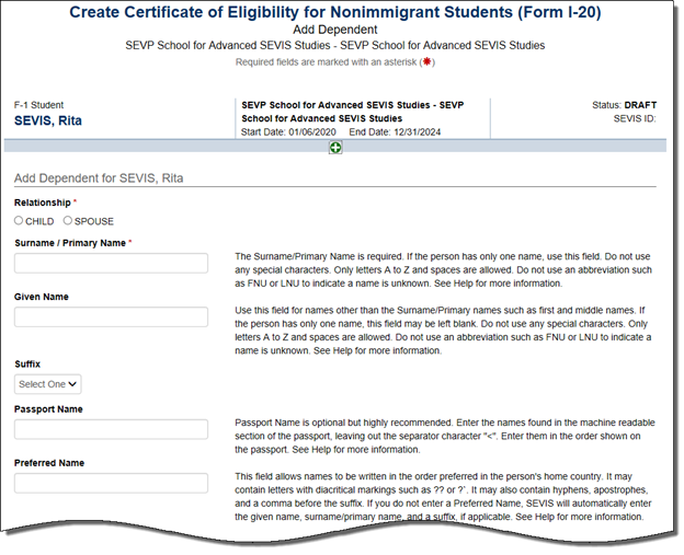 Add Dependent page screenshot