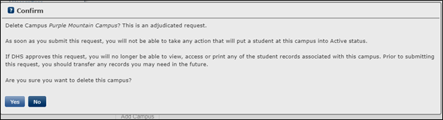 View of the Confirm message pop up for the Delete button